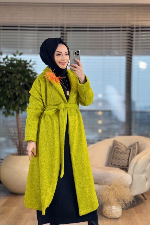 7023 Pelüş Beli Kemerli Kaban Yeşil