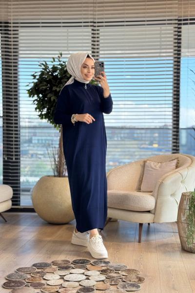 7025 Patı Fermuarlı Vanezia Elbise Lacivert