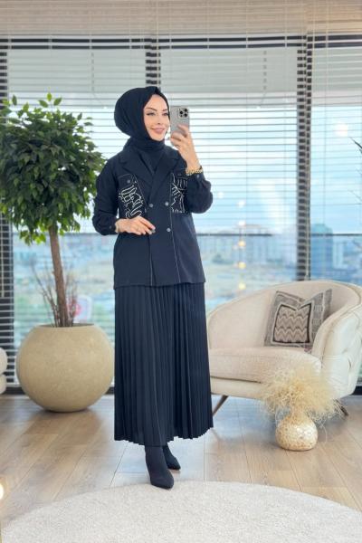 7028 Ceb Üstü İp Kordon Detaylı Takım Siyah