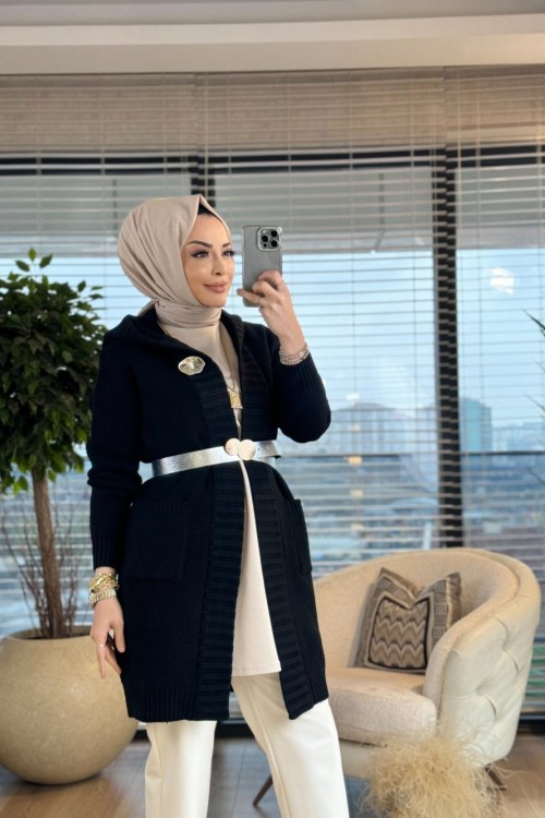 7029 Pirinç Örgü Kapşonlu Hırka Siyah