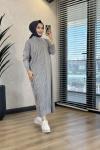 7029 Sol Taraf Zebra Desen Triko Elbise Gri