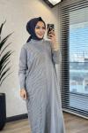 7029 Sol Taraf Zebra Desen Triko Elbise Gri