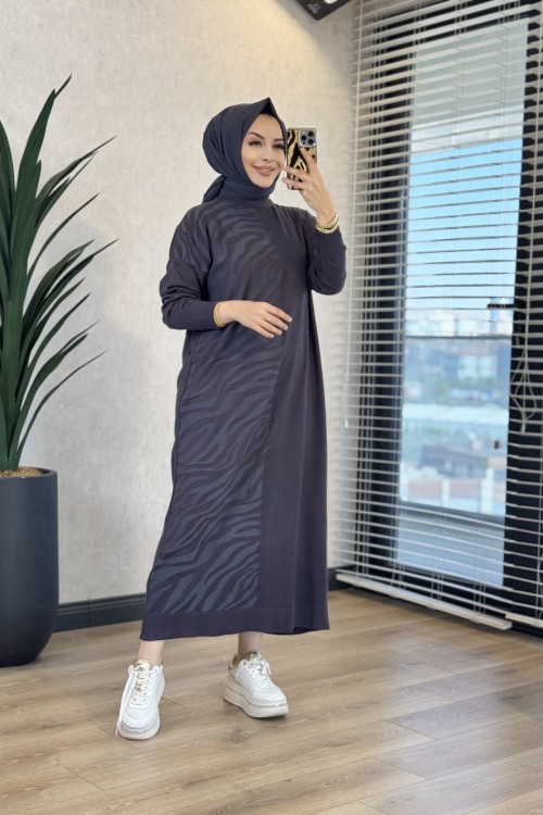 7029 Sol Taraf Zebra Desen Triko Elbise Antrasit