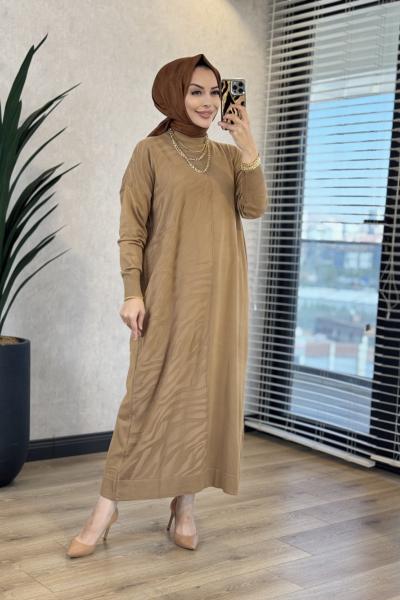 7029 Sol Taraf Zebra Desen Triko Elbise Latte