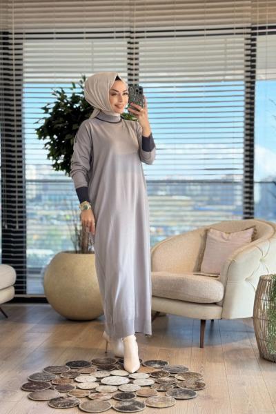 7032 Omuzu Manşetli Garnili Triko Elbise Gri