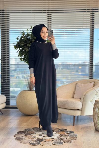 7032 Omuzu Manşetli Garnili Triko Elbise Siyah