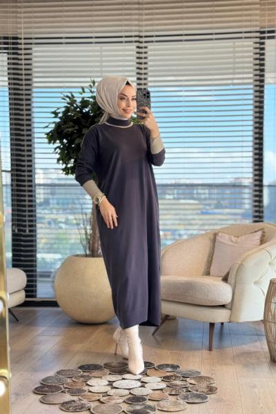7032 Omuzu Manşetli Garnili Triko Elbise Antrasit