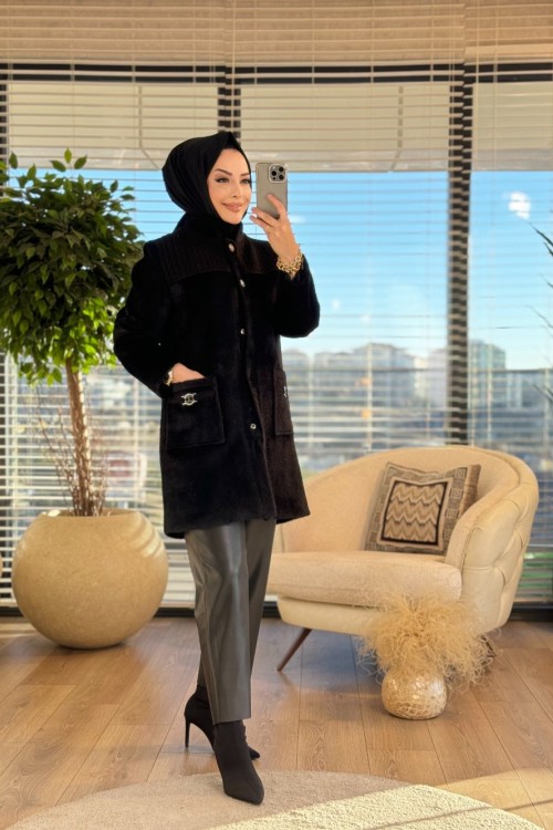 7032 Peluş Robası Saçörgü Trikolu Kısa Kap Siyah
