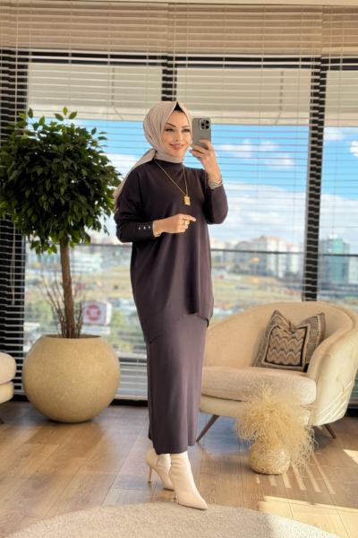 7035 Önü Oval Triko Etekli Takım Antrasit