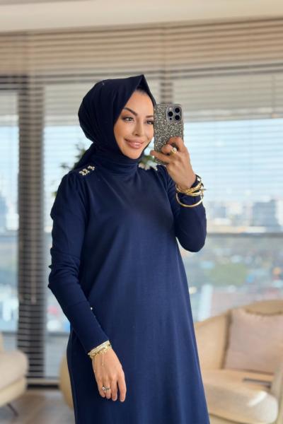 7036 Omzları İncili Vanezia Triko Elbise Lacivert