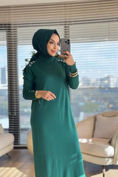 7036 Omzları İncili Vanezia Triko Elbise Zümrüt
