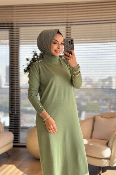 7036 Omzları İncili Vanezia Triko Elbise Çağla