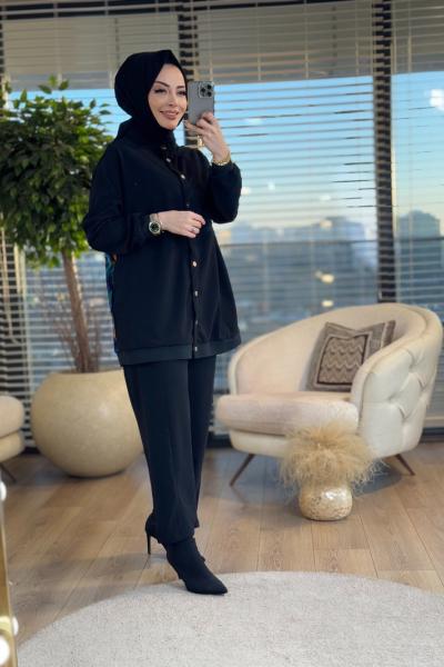 7037-1 Arkası Desenli Takım Siyah Desenli