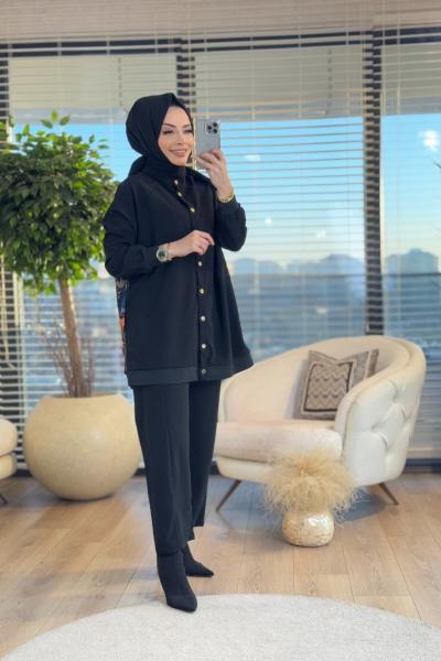 7037-2 Arkası Karışık Desenli Takım Siyah Karışık