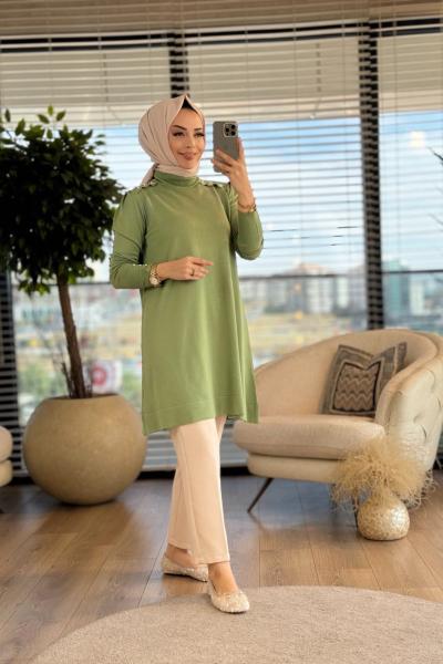 7037 Omuzları İncili Vanezia Triko Tunik Yeşil