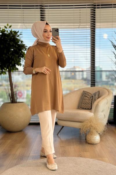 7037 Omuzları İncili Vanezia Triko Tunik Latte