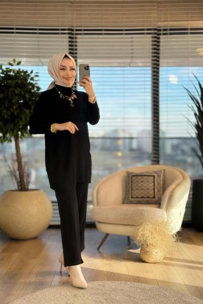 7039 Nergis Triko Pantolonlu Takım Siyah