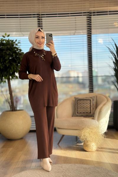 7039 Nergis Triko Pantolonlu Takım Kahve