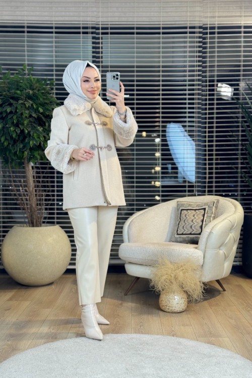 7041 Peluş Ön Biritli Kısa Kaban Bej