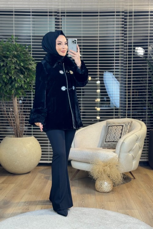 7041 Peluş Ön Biritli Kısa Kaban Siyah