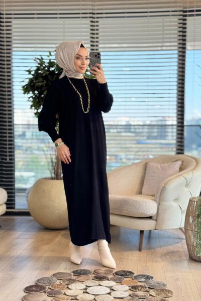 7046 Kolları Piliseli Simli Vanezia Elbise Siyah