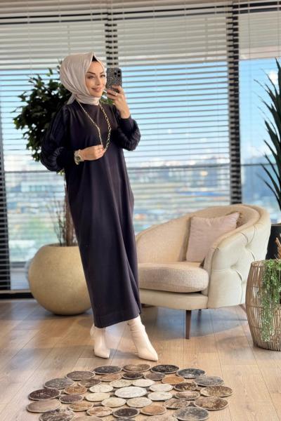 7046 Kolları Piliseli Simli Vanezia Elbise Antrasit