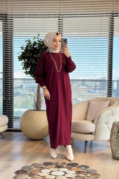 7046 Kolları Piliseli Simli Vanezia Elbise Bordo