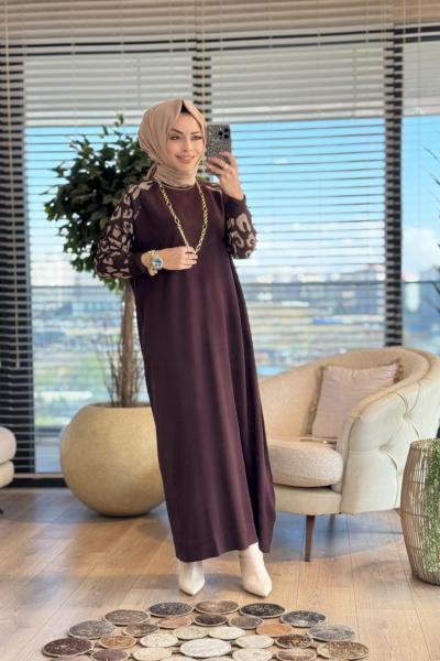 7050 Kolları Leoparlı Vanezia Elbise Kahve