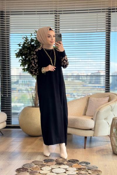 7050 Kolları Leoparlı Vanezia Elbise Siyah