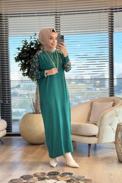 7050 Kolları Leoparlı Vanezia Elbise Zümrüt