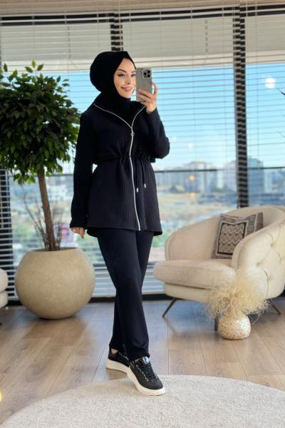 7059 Ön Kapitone Dikişli Bel Büzgülü Takım Siyah