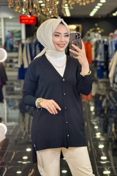 706 V Yaka Metal Düğmeli Hırka Siyah