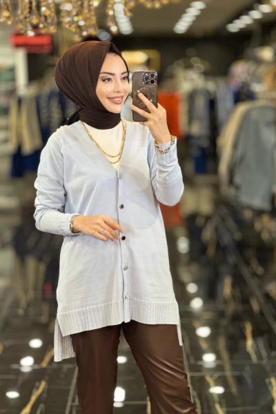 706 V Yaka Metal Düğmeli Hırka Mavi