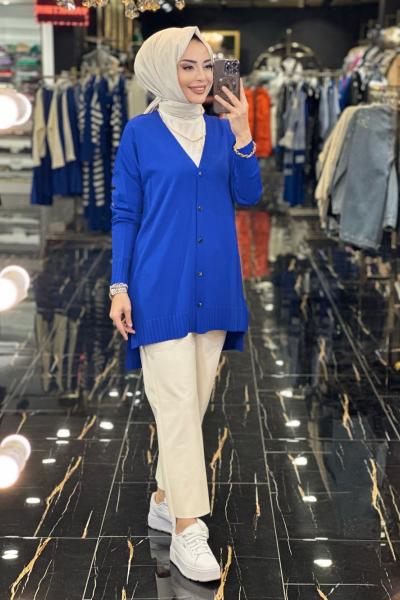 706 V Yaka Metal Düğmeli Hırka Saks