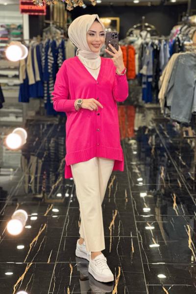 706 V Yaka Metal Düğmeli Hırka Fuşya