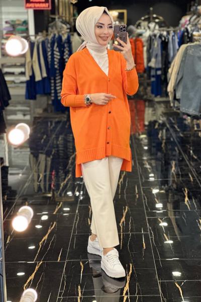 706 V Yaka Metal Düğmeli Hırka Oranj