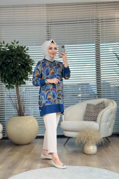 7067 Ön Geometrik Desen Tunik İndigo