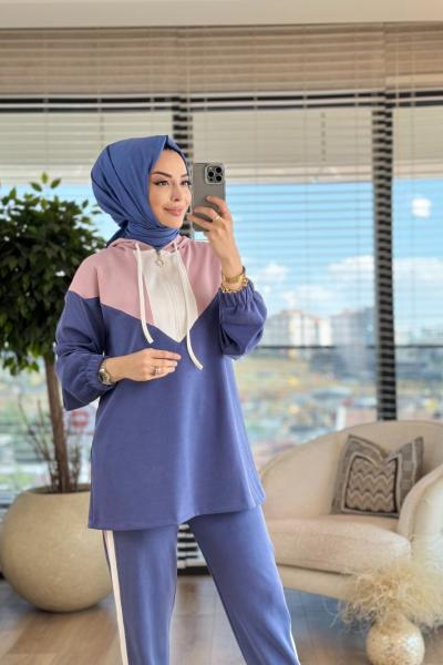 7068 Renkli Kapşonlu Takım İndigo