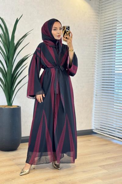 708 Desenli Abaya Siyah Bordo