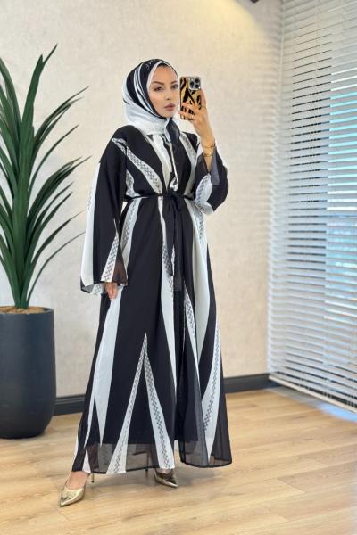 708 Desenli Abaya Siyah Gri