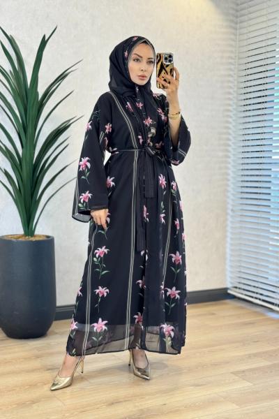 708 Desenli Abaya Siyah Pembe