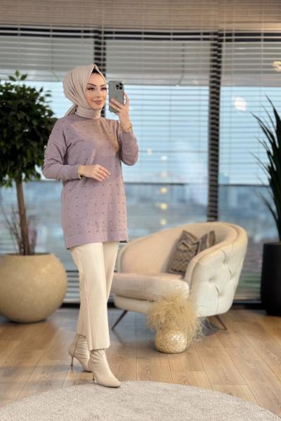 7080 Ön Boyuna Zımba Detaylı Triko Tunik Vizon