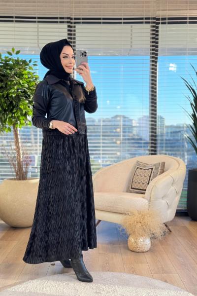 7086-1 Elbise Alt Kırışık Üst Deri 2li Takım Siyah