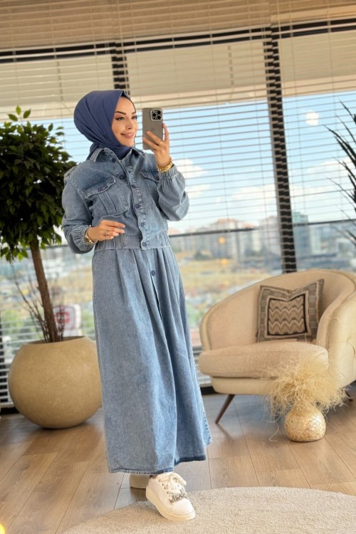 7087 Eteği Önden Büyük Düğmeli Kot Takım Mavi