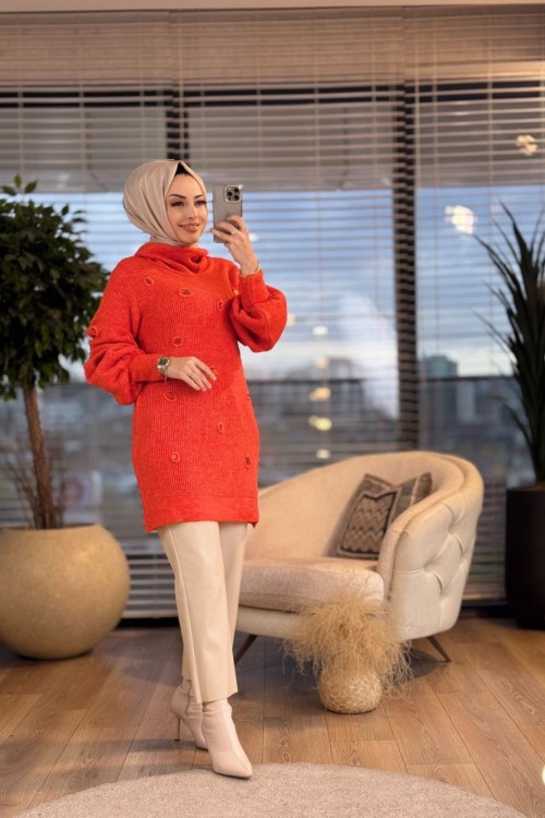 7089 Üst Baklava Kabartma Nakış Triko Tunik Oranj