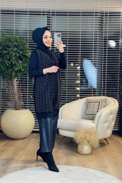 7100 Ön Baklava Boncuk İşlemeli Hırka Siyah