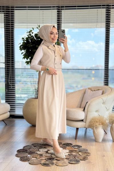 71013 Dört Düğme Yelek Etekli Takım Bej