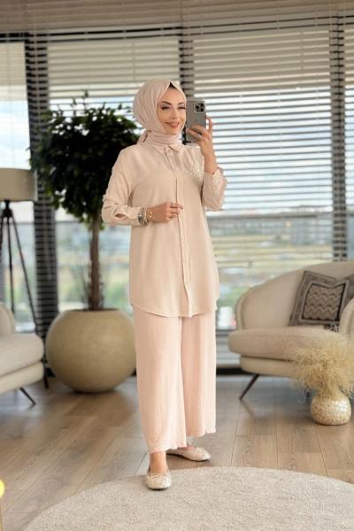 7102 Tencel Sol Göğüs Boncuk İşli Tunik Ekru