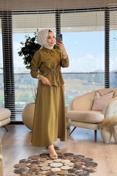 71028 Tek Cep Bel Bağcıklı Etekli Takım Yağ Yeşili