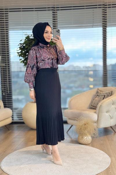 71029 Şal Desen Gömlek Pilise Etekli Takım Siyah